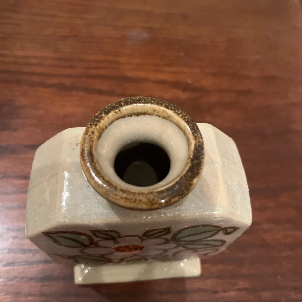 Vintage Square Salt Glazed Flat Floral Painted Stoneware Small Bud Vase